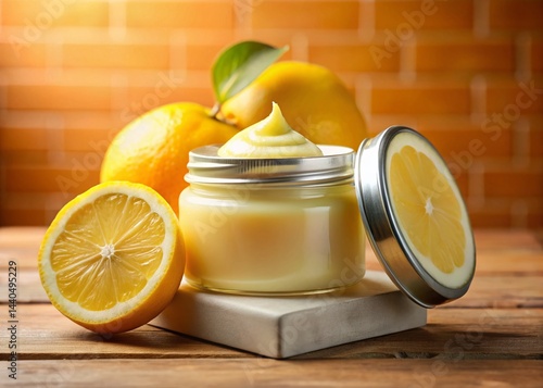 Obraz na płótnie Luxurious Lemon Cream Jar, Macro Photography, Pastel Yellow Skincare Product, Soft Light, White Stand w salonie