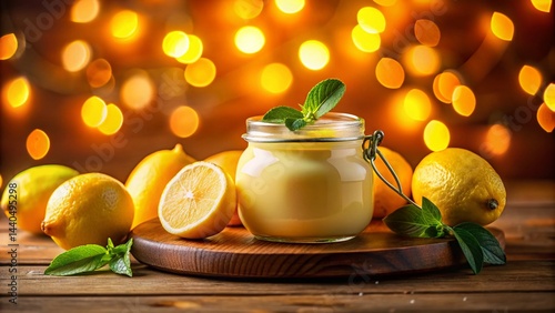 Obraz na płótnie Luxurious Lemon Cream Jar, Pastel Yellow, Soft Light, Brick Background, Skincare Product Photography w salonie