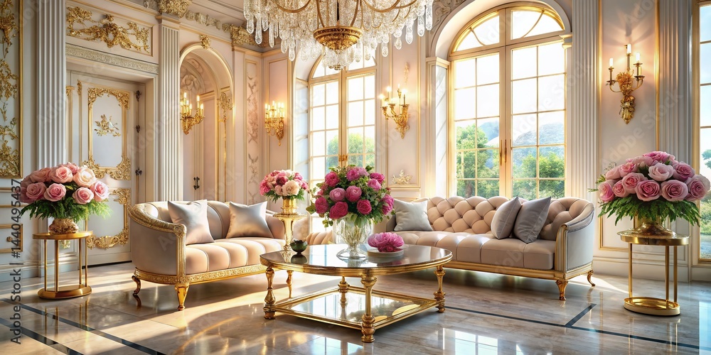 Luxurious Living Room: Pastel Pink Flowers, Gold Accents, & Crystal Chandelier