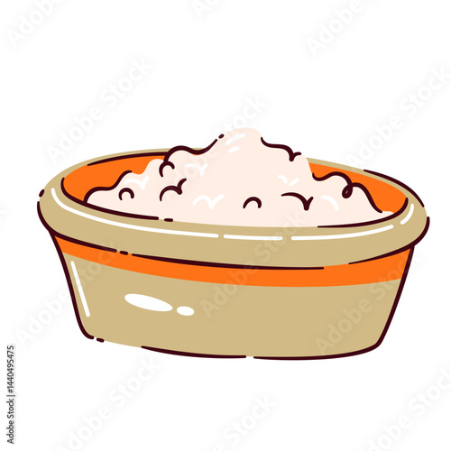 Cartoon doodle style bowl with fluffy cleaning powder inside, in beige and orange colors. Vector sticker illustration of cleaning powder bowl for home care or hygiene design.