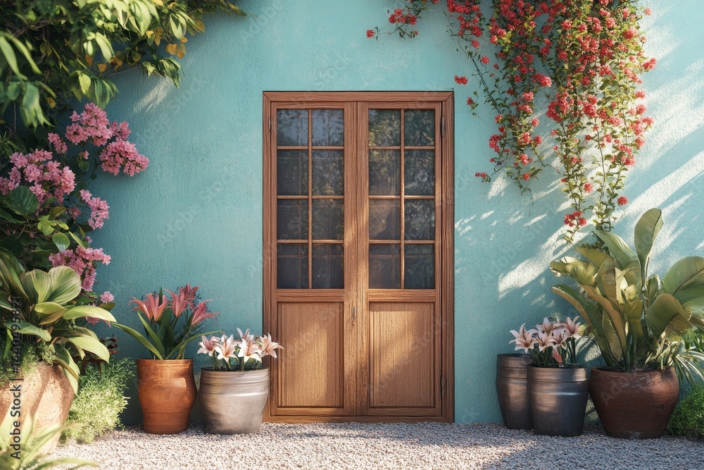 Naklejka premium Charming, light-filled exterior entrance with lush greenery.