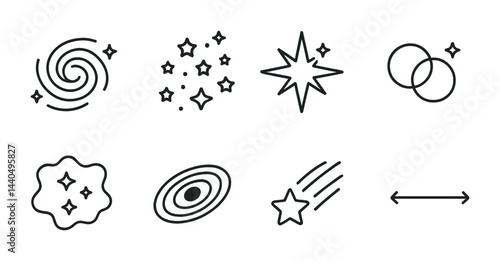 Cosmic and celestial outline icons set – line style universe, astronomy, and stars symbols for space exploration: galaxy, constellation, starburst, eclipse, asteroid, comet, shooting star, infinity.