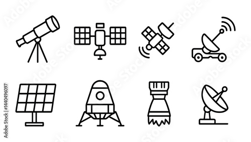 Astronomy and space exploration icon set – linear style celestial, satellite, and observatory symbols for cosmic discovery: telescope, satellite, rover, solar panel, rocket.