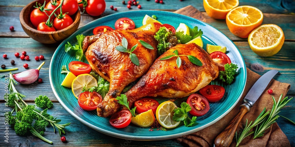 Vibrant Chicken Plate: Colorful Food Photography with Copy Space