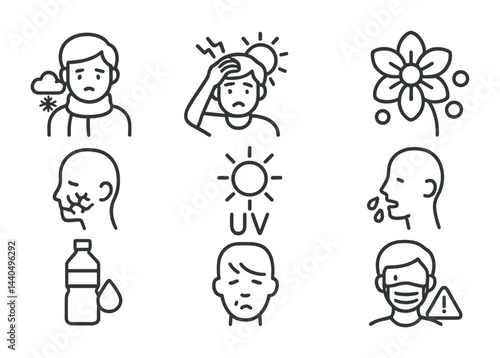 Allergy and symptom awareness icons set – line style immunology, health, and wellness symbols: sneezing, headache, flower, itchy skin, uv rays, cough, hydration, mask