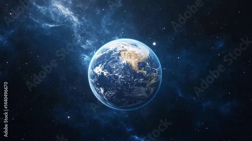 A blue and white planet in the middle of a dark sky