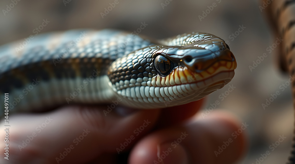 Fototapeta premium cobra or venomous snake, its head held tightly