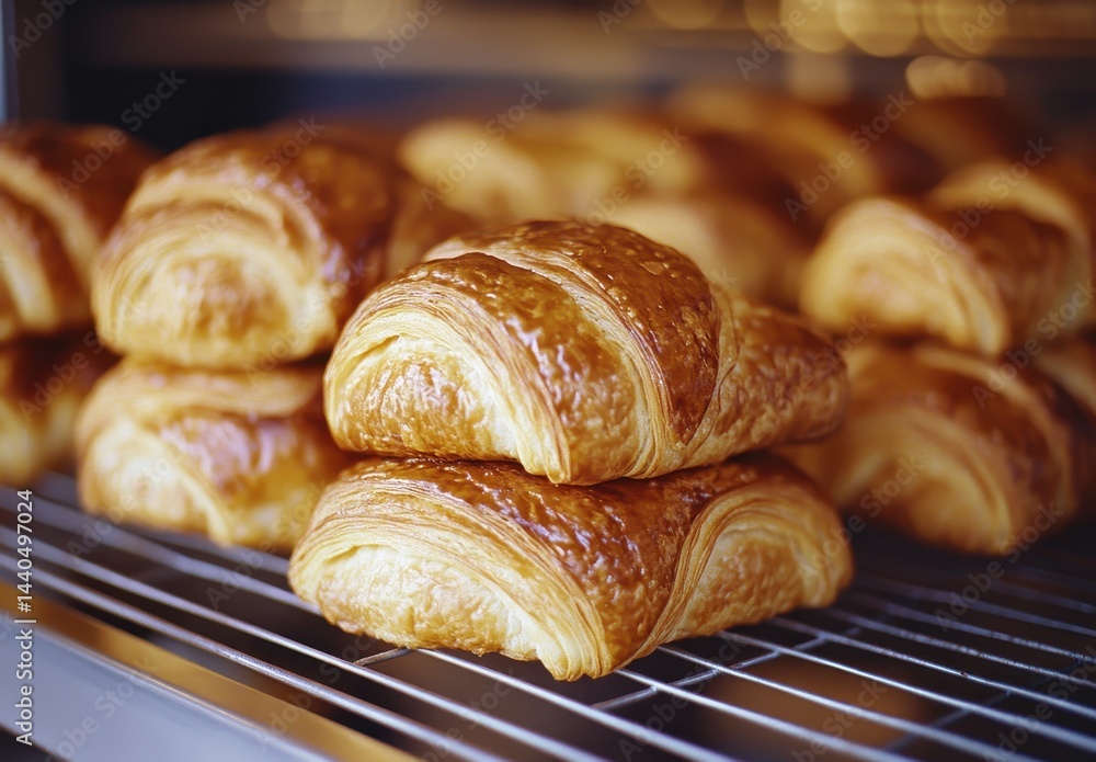 Freshly Baked Golden Croissants Displayed in Bakery Showcase with Warm Lighting Freshly Baked Golden Croissants Displayed in Bakery Showcase with Warm Lighting