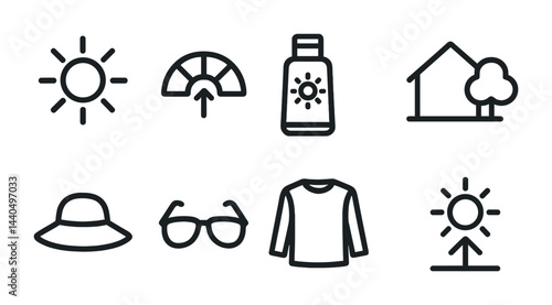 Summer vacation outline icon set – linear style holiday, sun safety, and beach essentials for travel planning: sun, sunscreen, house, hat, sunglasses, shirt, uv index.