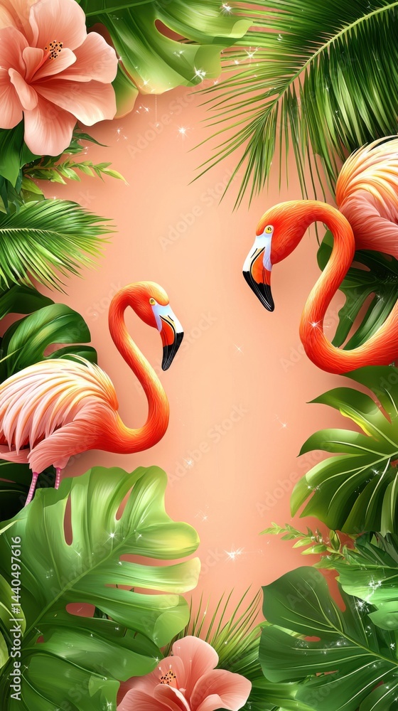 Vibrant tropical scene featu two elegant flamingos surrounded by lush green palm leaves and large peach-colored hibiscus flowers on a warm gradient background Vibrant tropical scene featu two elegant flamingos surrounded by lush green palm leaves and large peach-colored hibiscus flowers on a warm gradient background