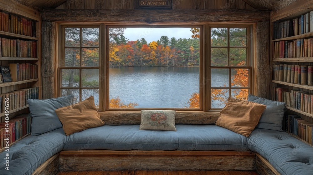 Fototapeta premium Cozy Autumnal Reading Nook with Lake View