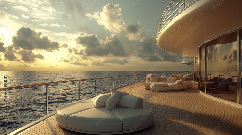 Fototapeta premium luxury cruise ship offers panoramic views of the vast open ocean, with the luxurious design of the deck offering guests a place to relax and take in the magnificent scene