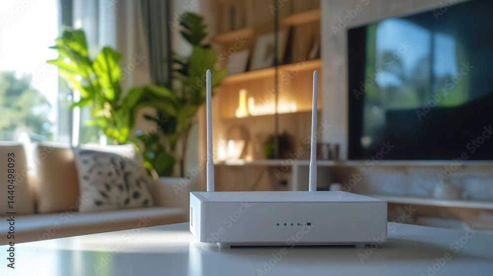 The Wi-Fi router is placed on a modern table, delivering high-speed internet throughout the room while blending seamlessly into the minimalist decor. The Wi-Fi router is placed on a modern table, delivering high-speed internet throughout the room while blending seamlessly into the minimalist decor.