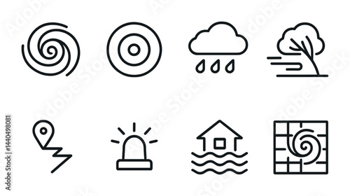 Natural disaster linear icon set – outline style emergency, weather, and safety symbols for alert systems: hurricane, target, rain cloud, windstorm, location, alarm, flood, map grid.