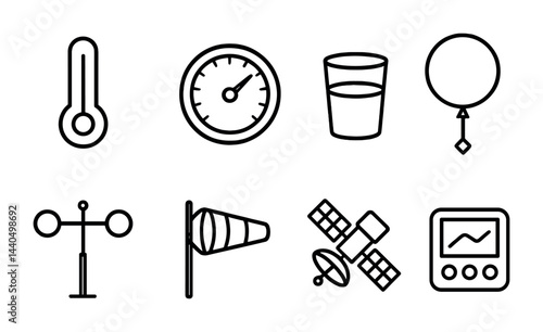 Weather forecast outline icons set – line style meteorology, climate analysis, and atmospheric symbols for research: thermometer, anemometer, windsock, satellite, barometer