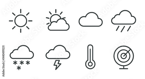 Weather and climate line icons set – outline style meteorology, forecast, and environment symbols for app design: sunny, partly cloudy, cloudy, rain, snow, storm, thermometer, target.