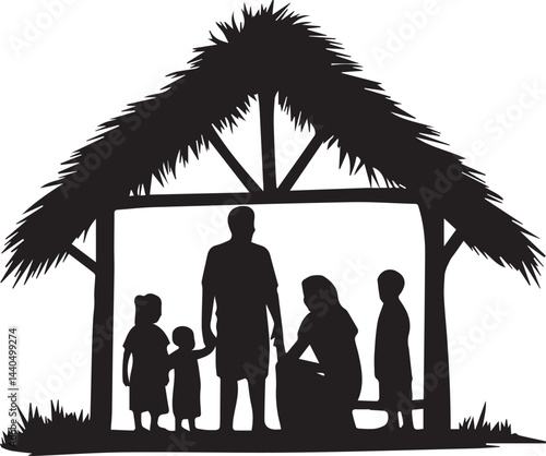 Christmas nativity scene with family silhouettes isolated vector illustration graphic design