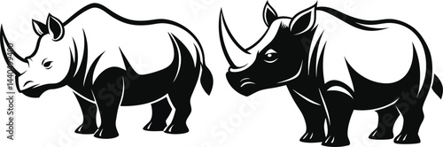 Black and white rhinoceros silhouette illustration with strong contours, simplified shapes, bold graphic wildlife art, symmetrical mirrored composition, minimalist vector-style African animal design.
