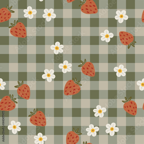 Seamless vector pattern in flat cartoon style. Strawberries, flowers, and leaves on a green gingham background. Bright and playful design perfect for kids' textiles, wrapping paper, and summer themes.