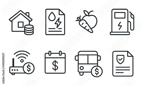 Economic and sustainability icons set – outline style finance, renewable energy, and transportation symbols for budget planning: house, invoice, carrot, fuel pump, router, calendar, bus, insurance.