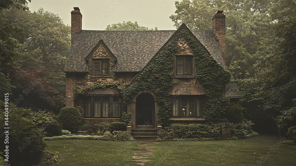 Fototapeta premium Vintage rental home with ivy walls, surrounded by lush greenery and overcast sky