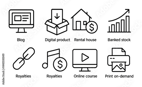 Online business icons for blog, digital product, rental house, and print on demand