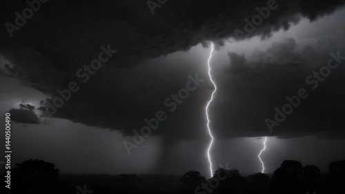 Dramatic black and white scene of lightning and thunder with trees and sky at twilight