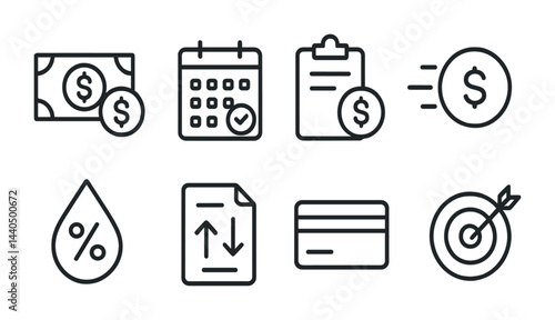 Finance and banking linear icons set – outline style for budgeting, investment, and money management: currency, calendar, checklist, transaction, discount, report, card, target.