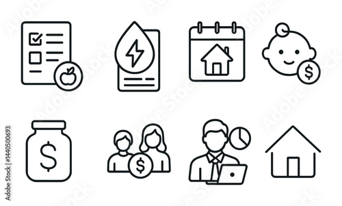 Financial and household outline icon set – linear style economy, budgeting, and family finance symbols: bill, energy, calendar, baby, savings, family, analyst, house.