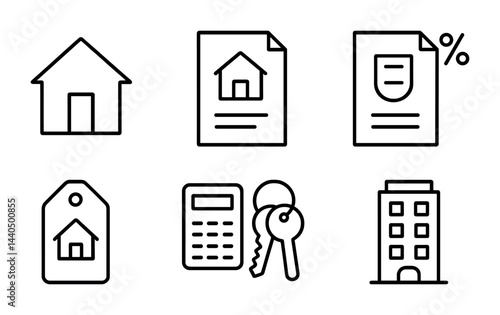 Real estate outline icon set – linear property, mortgage, and housing graphics for real estate marketing: house, document, loan, price tag, calculator, keys, building.