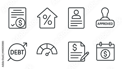Financial document outline icon set – linear style banking, economy, and approval symbols for financial planning: contract, percentage, profile, stamp, debt, meter, calendar.