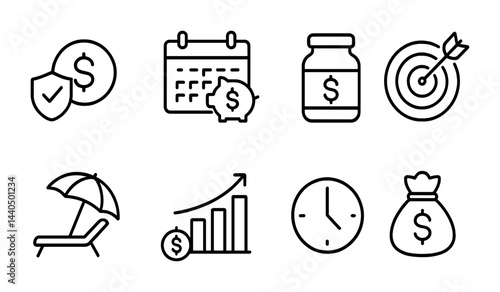 Finance and investment outline icons – linear style wealth management and budgeting symbols for financial planning: savings, calendar, target, vacation, growth chart, clock, money bag.