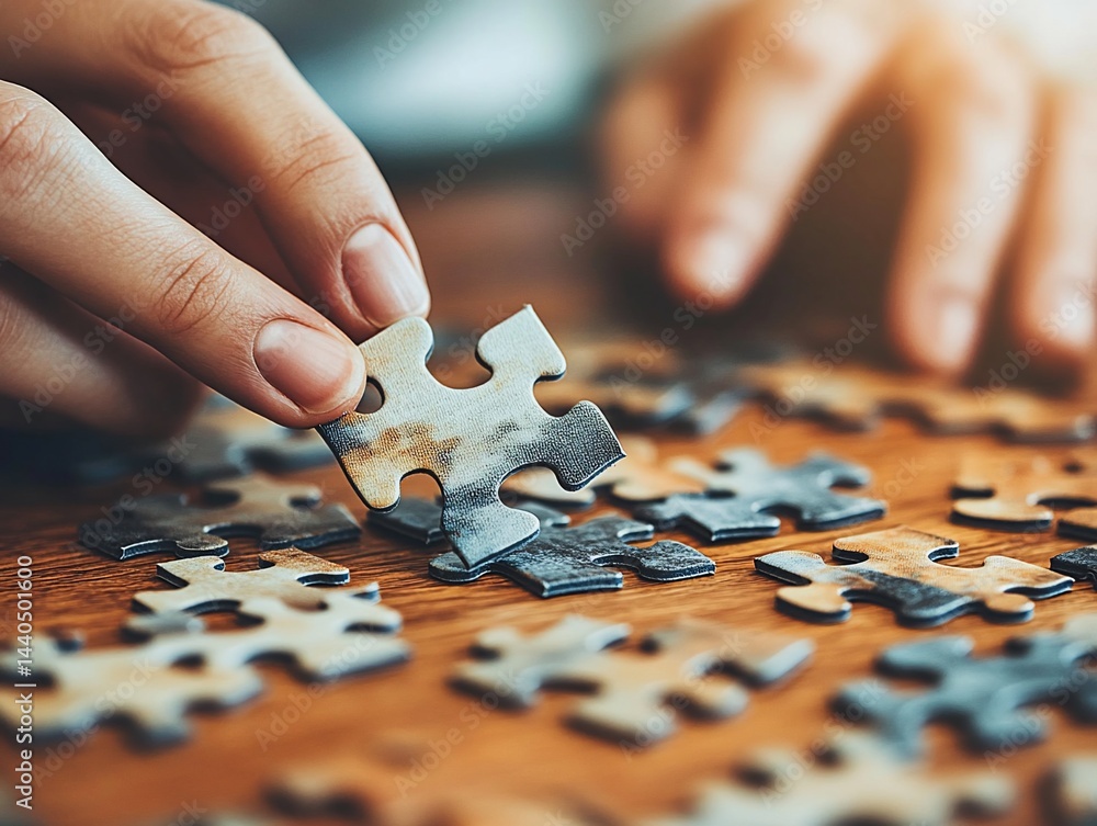 Hands carefully placing a puzzle piece Hands carefully placing a puzzle piece