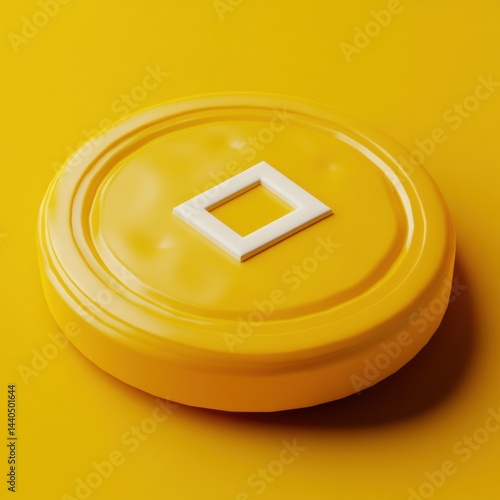 Golden coin on bright yellow background