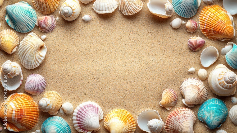 Colorful seas arranged in a semi-circle on sandy beach with empty space in center for text or design, perfect for summer, vacation, or seaside themes Colorful seas arranged in a semi-circle on sandy beach with empty space in center for text or design, perfect for summer, vacation, or seaside themes