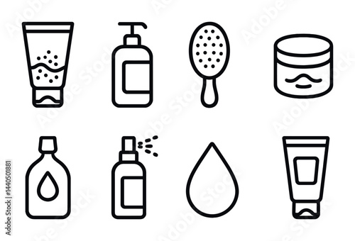 Beauty and skincare outline icons set – line style cosmetics, grooming, and self-care symbols for wellness: lotion, pump bottle, hairbrush, cream jar, oil, spray, drop, tube.