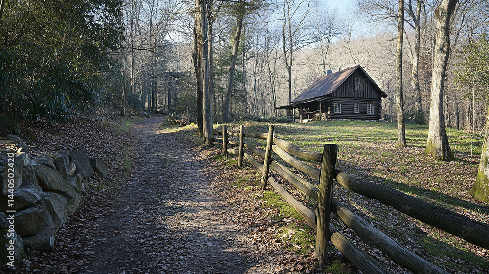 Fototapeta premium serene woodland path leads to rustic cabin surrounded by trees and wooden fence