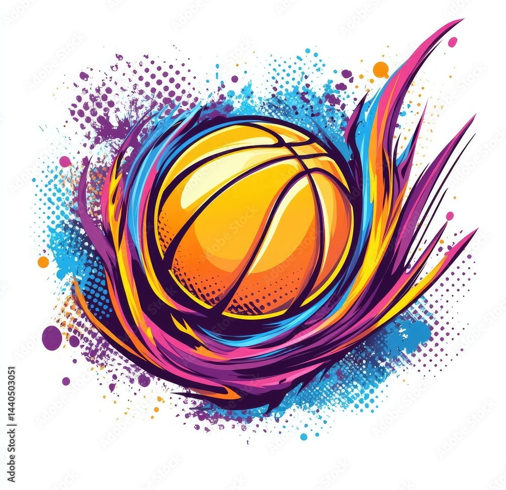 Fototapeta premium Vibrant basketball engulfed in dynamic, colorful flames
