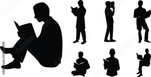 Silhouette of a Man Reading Book, Relaxed Study Sitting or Standing Pose Art.