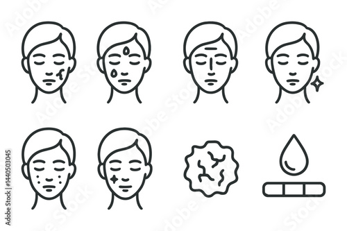 Skincare routine outline icons set – linear style beauty and wellness symbols for skin health: acne, aging, hydration, blemish, dry skin, moisture, complexion