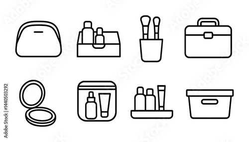 Cosmetic and skincare icon set – outline style beauty products, makeup, and spa symbols for personal care: makeup brush, lotion, compact, toiletry bag, skincare jar.