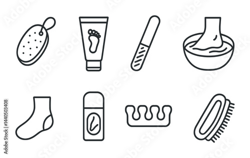 Foot care outline icons set – linear style hygiene, spa, and beauty symbols for self-care: foot scrub, cream, file, foot bath, sock, deodorant, toe separator, brush