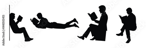 Silhouette of a Man Reading Book, Relaxed Study Sitting or Standing Pose Art.