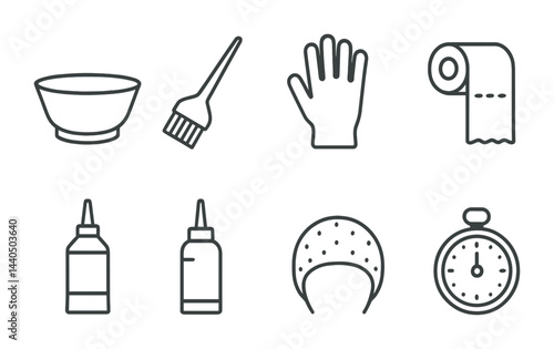 Hairdressing tools outline icon set – linear style hair care, salon equipment, and styling symbols: mixing bowl, brush, glove, towel, dye bottle, hair dryer cap, stopwatch.