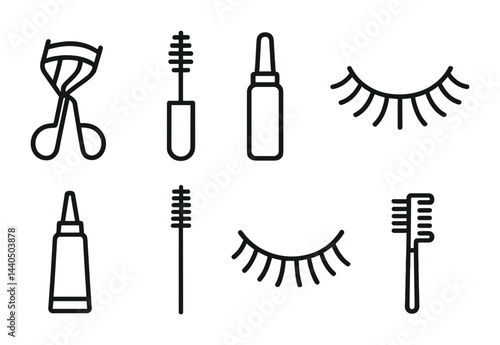 Beauty and makeup outline icons – linear style cosmetics, fashion, and skincare symbols for digital design: mascara, lipstick, eyelash curler, eyeliner, brush, lash, bottle.
