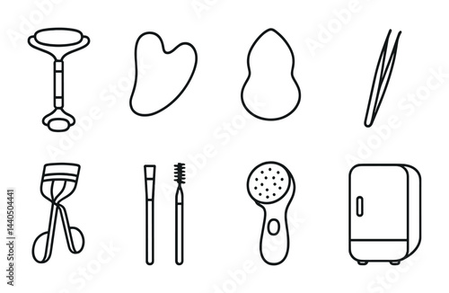 Beauty and skincare tools icon set – outline style self-care, spa, and makeup symbols: jade roller, gua sha, sponge, tweezers, lash curler, brushes, facial cleansing brush, skincare fridge.