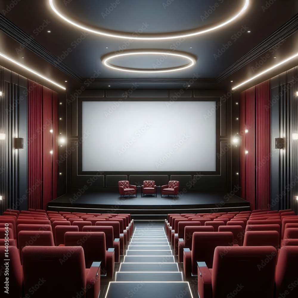 Obraz premium A modern cinema interior featuring red seats, an empty screen, and stylish lighting, perfect for promoting movie theaters, film events, or cinematic experiences.