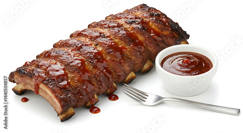 Wallpaper Mural A rack of glazed baby back ribs with sticky BBQ sauce, served with a small bowl of extra sauce and a fork, isolated on white Torontodigital.ca