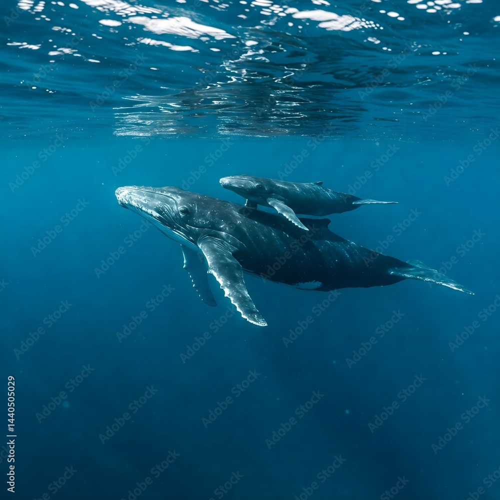 Fototapeta premium Peaceful Giants: Humpback Mother and Calf in Ocean Sanctuary