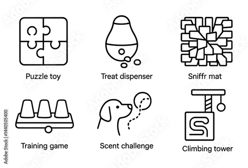 Pet training and enrichment outline icons set – line style puppy play, behavior, and stimulation symbols: puzzle toy, treat dispenser, sniffr mat, training game, scent challenge